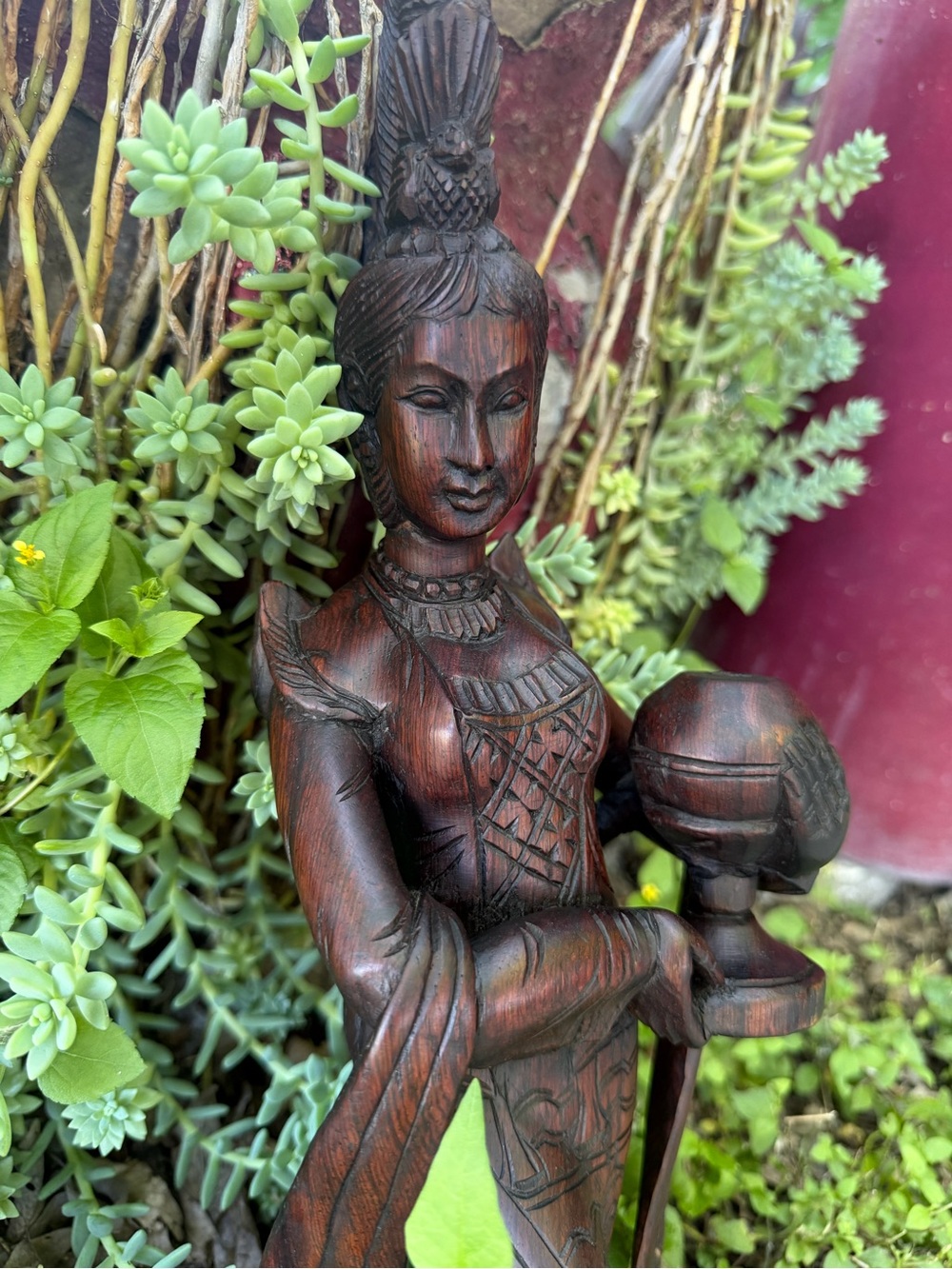 Vintage Hand Carved Thai Goddess Sculpture Figurine Wood Balinese Asian Statue